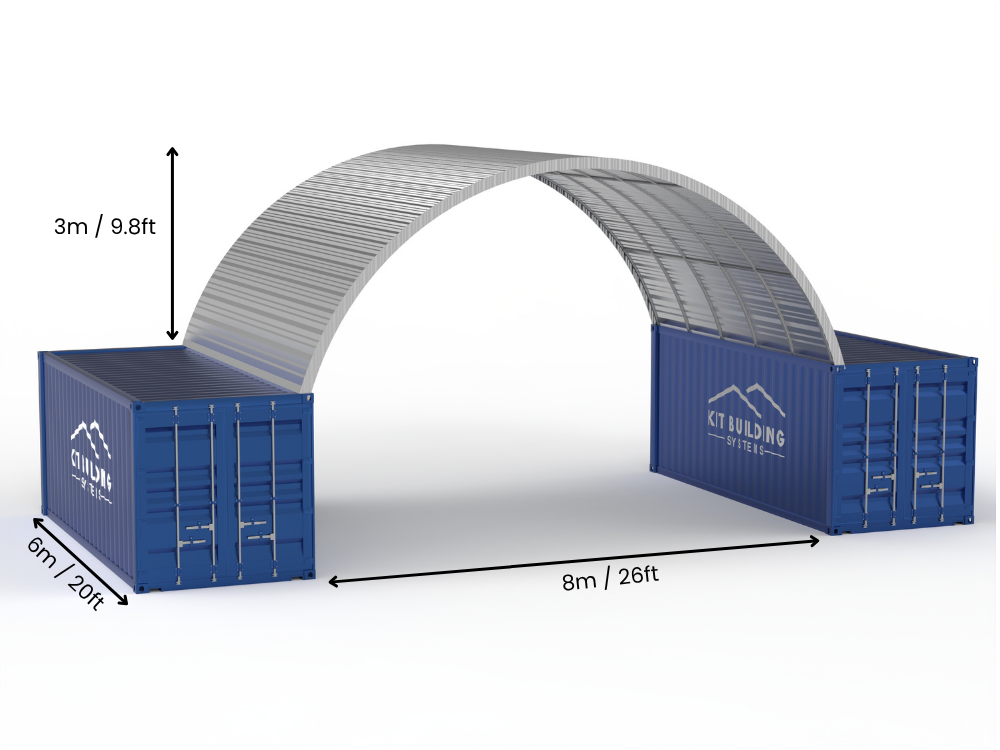 Hapësira 8m (26ft) | Tenda Kontejnerësh prej Çeliku Gjerësia 26ft, Lartësia 10ft (8m x 3m)