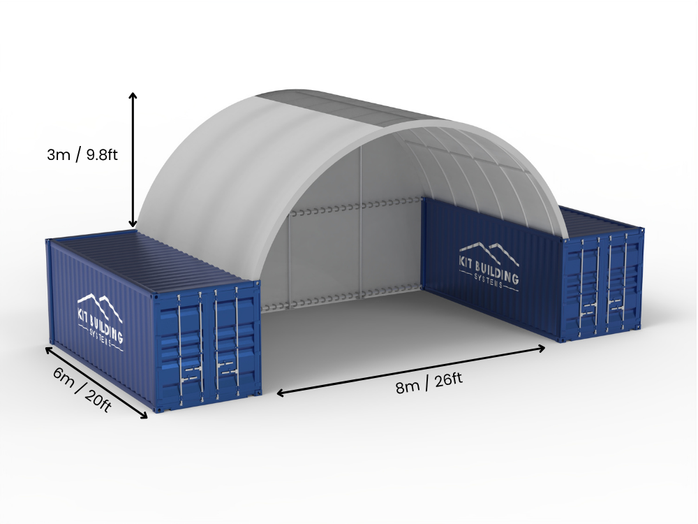 Hapësira 8m (26ft) | Tenda Kontejnerësh Gjerësia 26ft, Lartësia 10ft (8m x 3m)