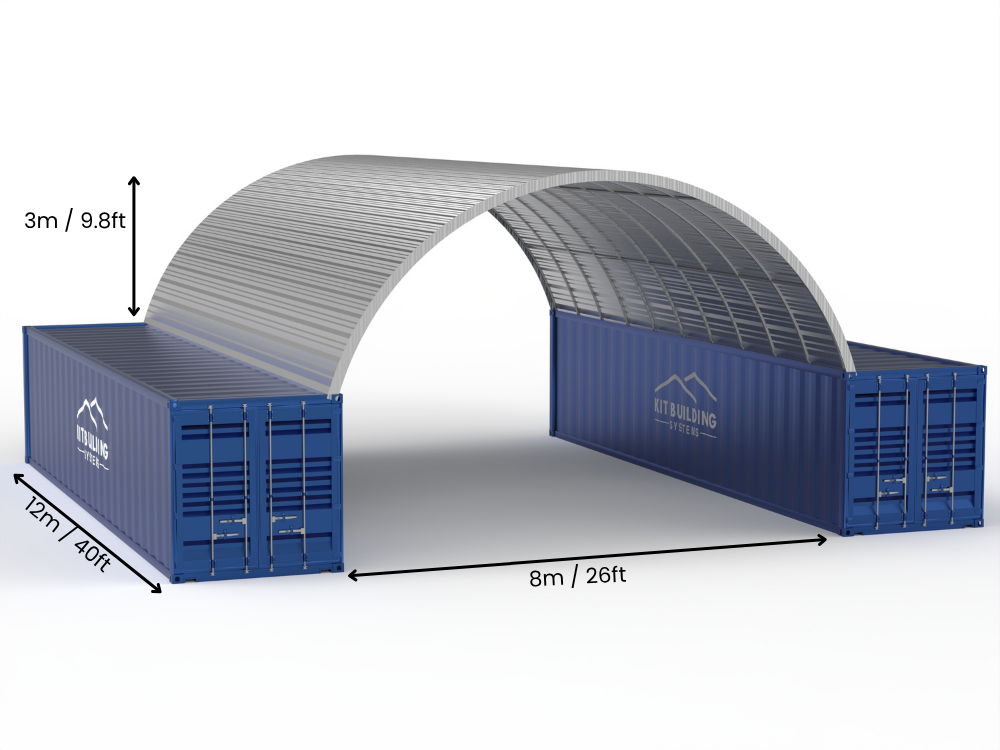 Hapësira 8m (26ft) | Tenda Kontejnerësh prej Çeliku Gjerësia 26ft, Lartësia 10ft (8m x 3m)