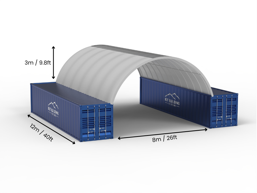 Hapësira 8m (26ft) | Tenda Kontejnerësh Gjerësia 26ft, Lartësia 10ft (8m x 3m)