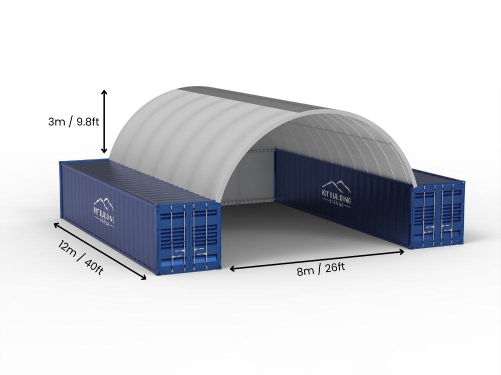 Hapësira 8m (26ft) | Tenda Kontejnerësh Gjerësia 26ft, Lartësia 10ft (8m x 3m)