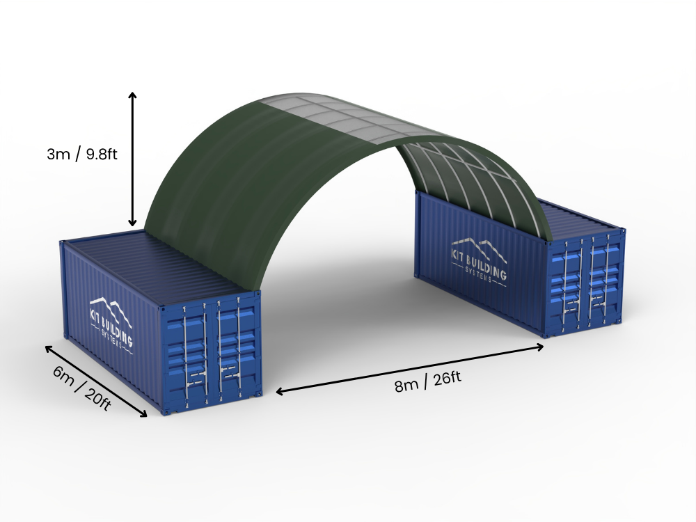 Hapësira 8m (26ft) | Tenda Kontejnerësh Gjerësia 26ft, Lartësia 10ft (8m x 3m)