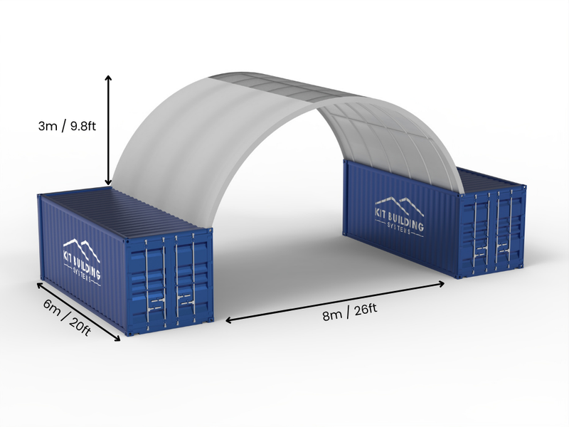 Hapësira 8m (26ft) | Tenda Kontejnerësh Gjerësia 26ft, Lartësia 10ft (8m x 3m)