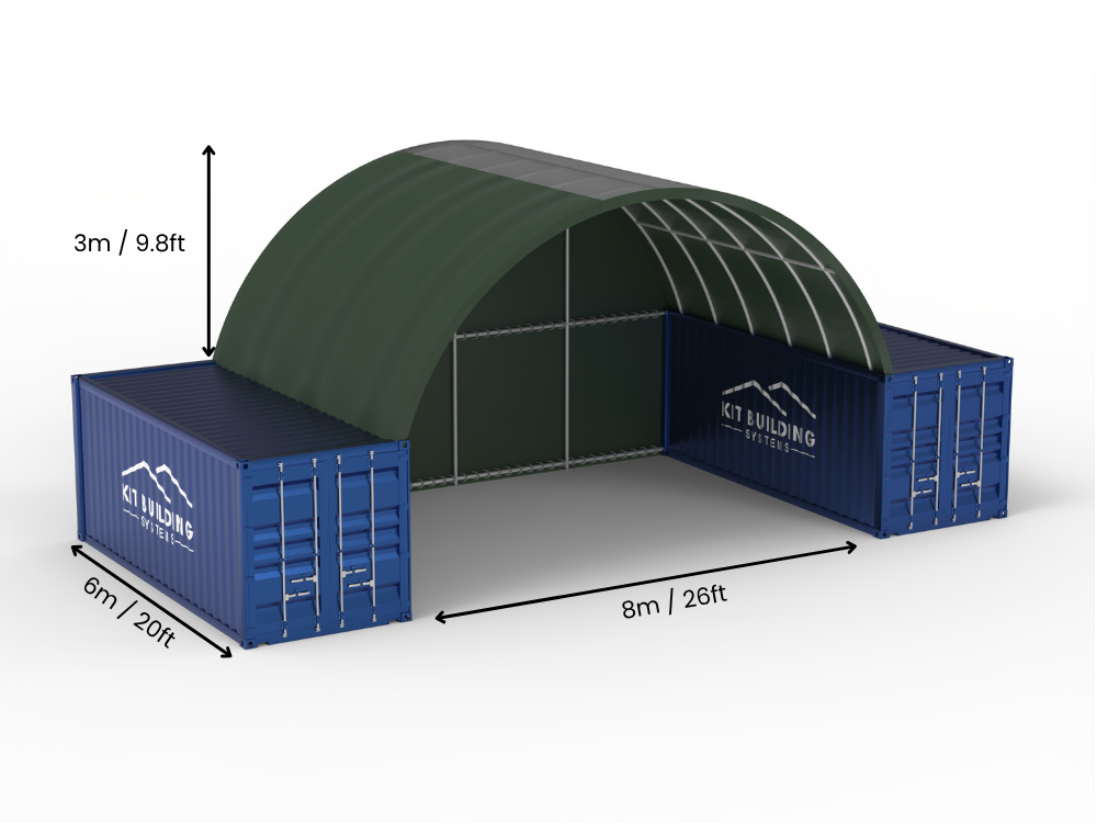 Hapësira 8m (26ft) | Tenda Kontejnerësh Gjerësia 26ft, Lartësia 10ft (8m x 3m)