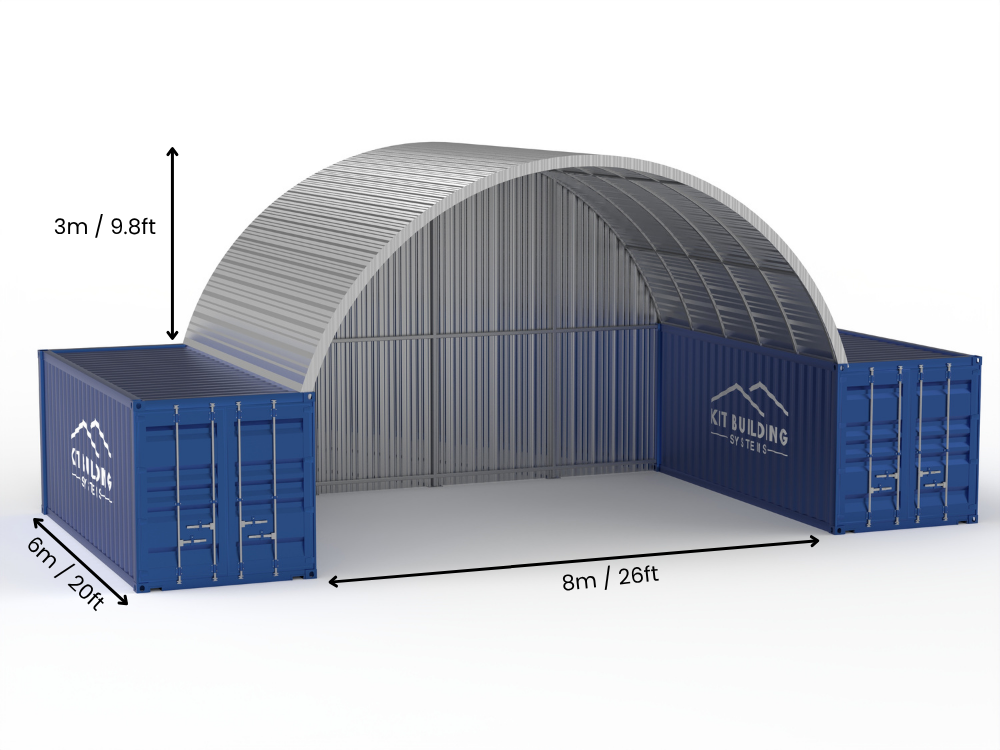 Hapësira 8m (26ft) | Tenda Kontejnerësh prej Çeliku Gjerësia 26ft, Lartësia 10ft (8m x 3m)