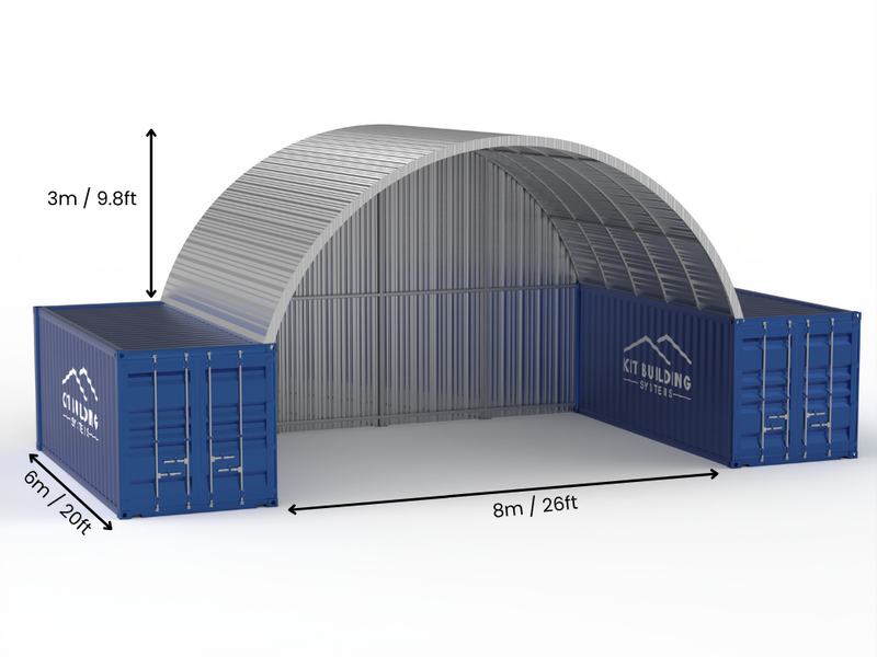 Hapësira 8m (26ft) | Tenda Kontejnerësh prej Çeliku Gjerësia 26ft, Lartësia 10ft (8m x 3m)