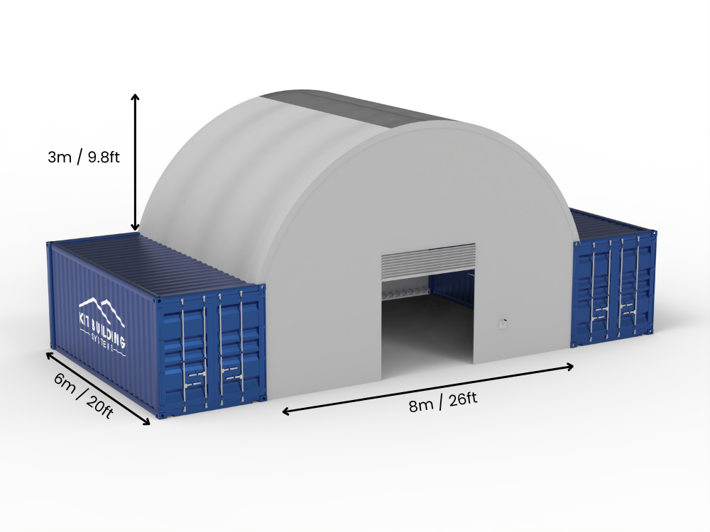 Hapësira 8m (26ft) | Tenda Kontejnerësh Gjerësia 26ft, Lartësia 10ft (8m x 3m)
