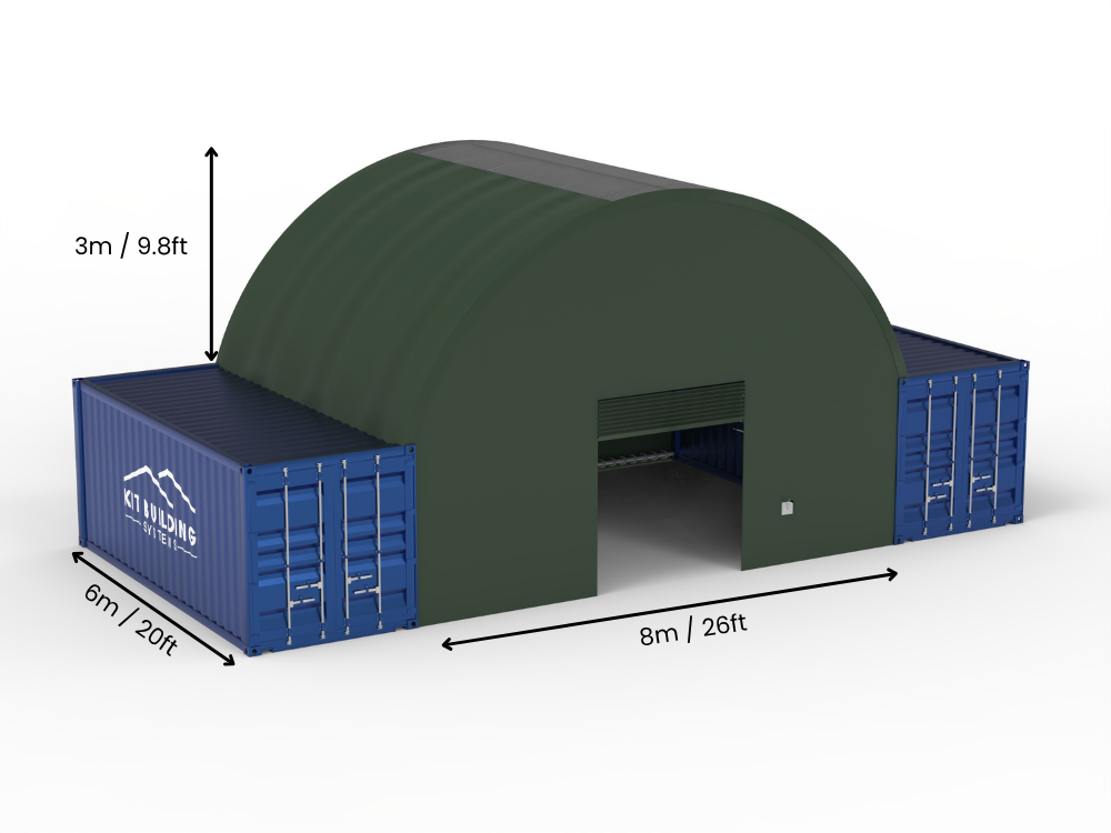 Hapësira 8m (26ft) | Tenda Kontejnerësh Gjerësia 26ft, Lartësia 10ft (8m x 3m)
