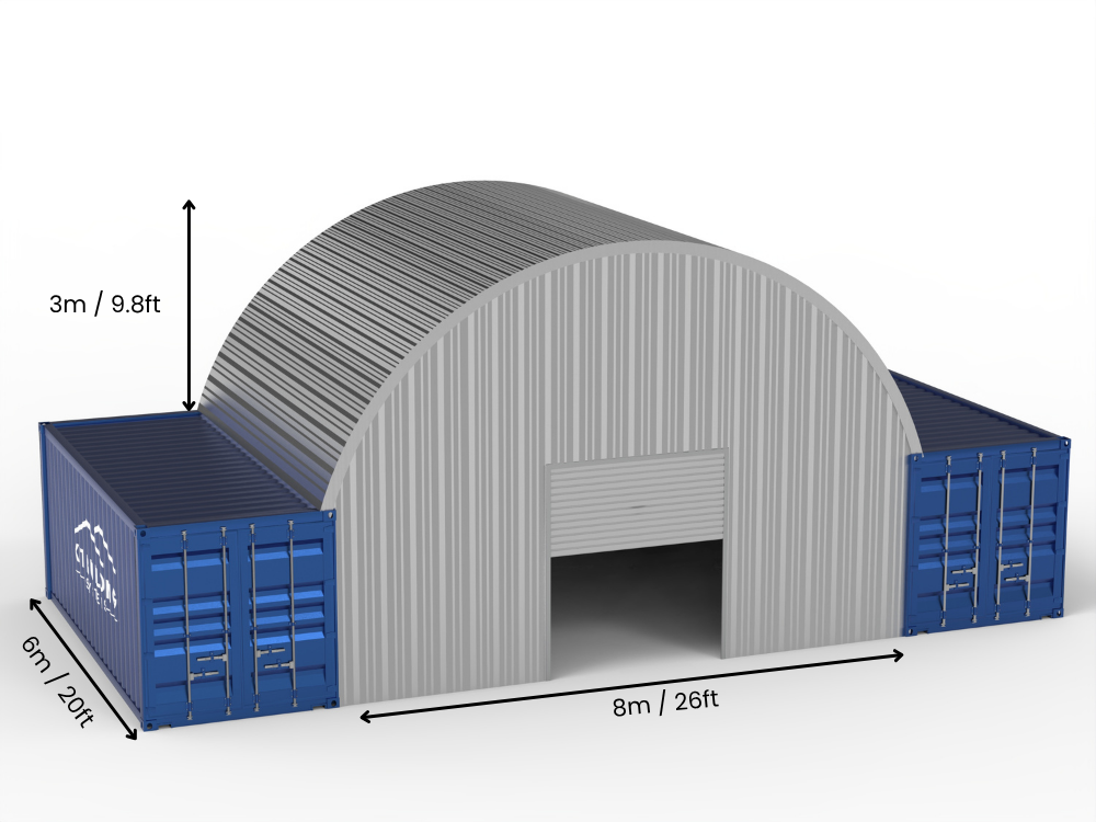 Hapësira 8m (26ft) | Tenda Kontejnerësh prej Çeliku Gjerësia 26ft, Lartësia 10ft (8m x 3m)