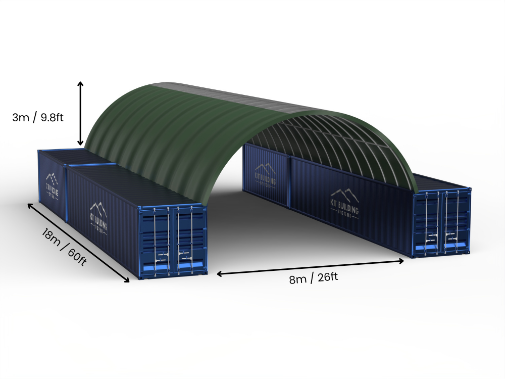 Hapësira 8m (26ft) | Tenda Kontejnerësh Gjerësia 26ft, Lartësia 10ft (8m x 3m)