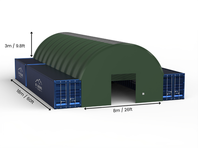 Hapësira 8m (26ft) | Tenda Kontejnerësh Gjerësia 26ft, Lartësia 10ft (8m x 3m)