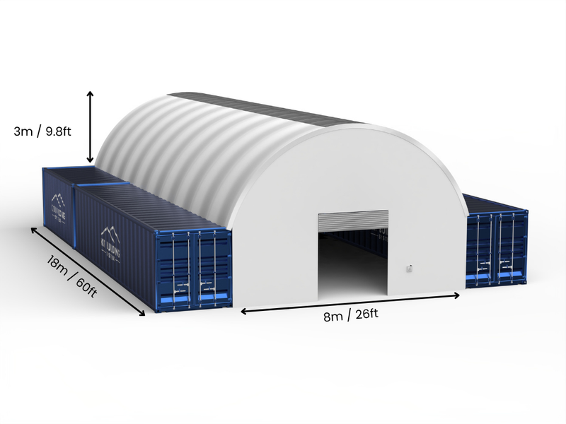 Hapësira 8m (26ft) | Tenda Kontejnerësh Gjerësia 26ft, Lartësia 10ft (8m x 3m)