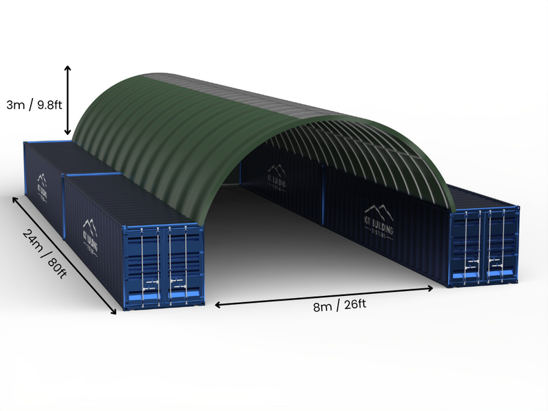 Hapësira 8m (26ft) | Tenda Kontejnerësh Gjerësia 26ft, Lartësia 10ft (8m x 3m)