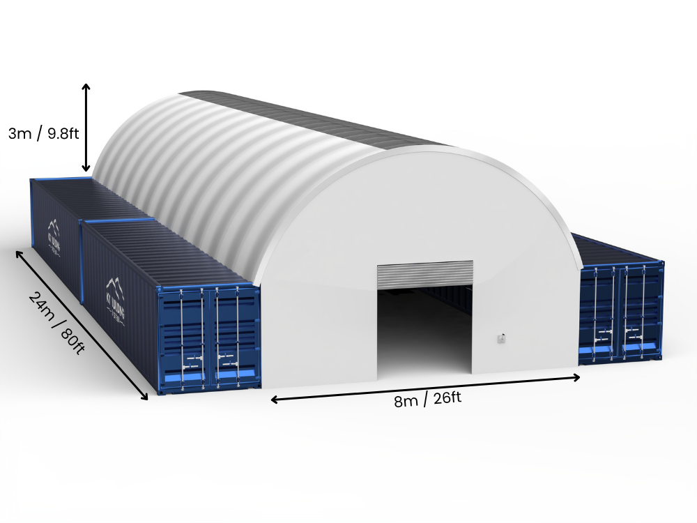 Hapësira 8m (26ft) | Tenda Kontejnerësh Gjerësia 26ft, Lartësia 10ft (8m x 3m)